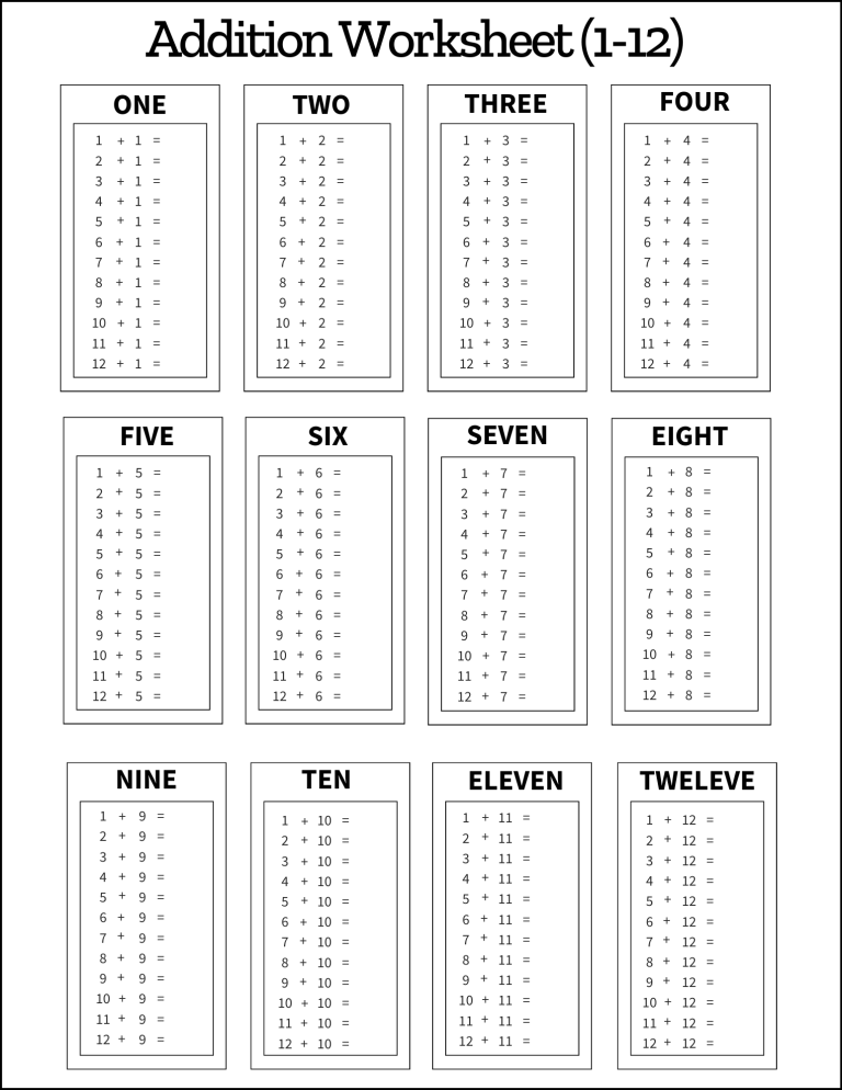 free and printable addition worksheet (1-12), black and white pattern, blank