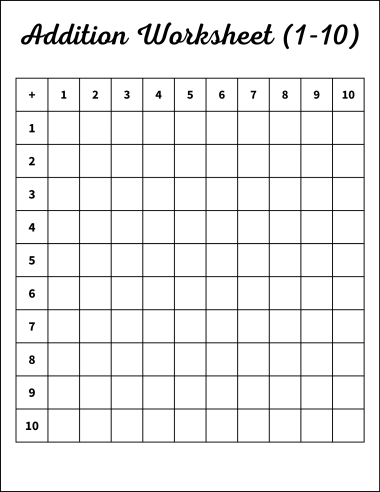 free and printable addition worksheet (1-10), white, blank